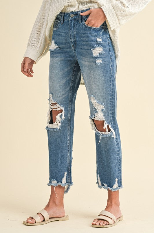 Annie Wear Distressed Raw Hem Cropped Jeans In Denim