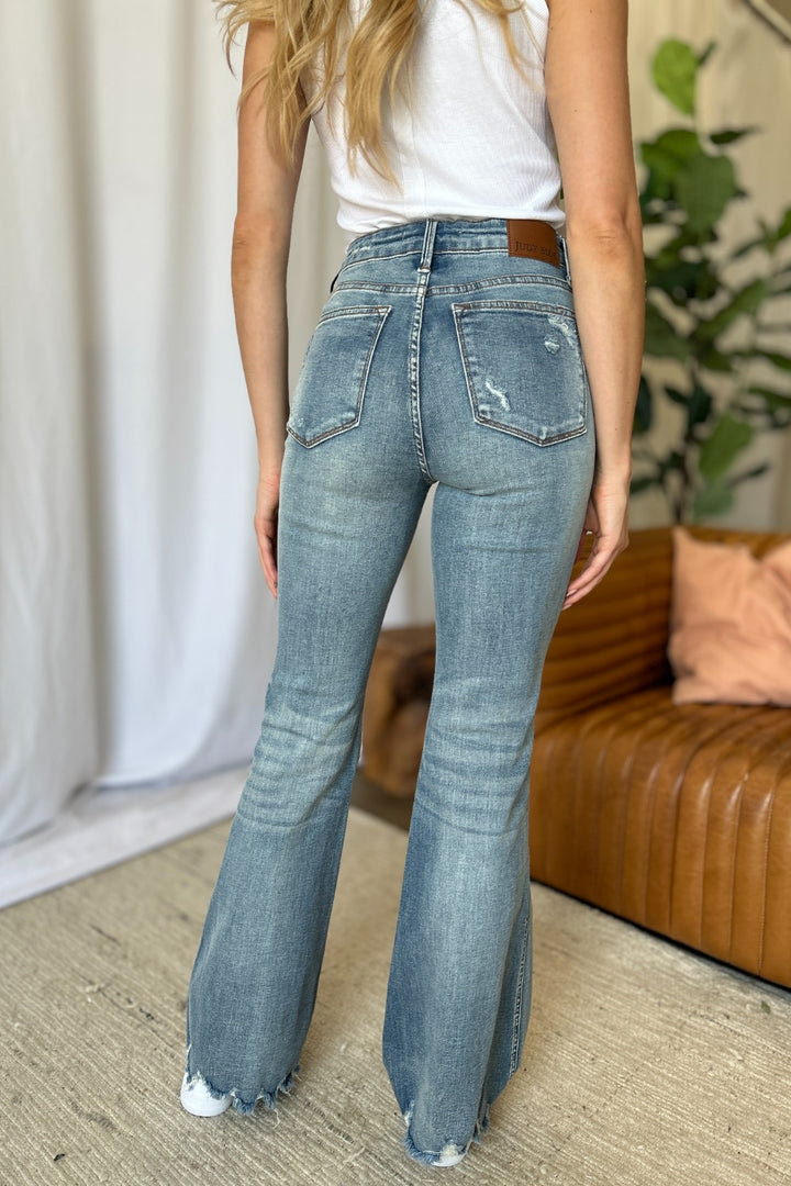 Judy Blue Caroline Mid Rise Tummy Control Distressed Flare Jeans