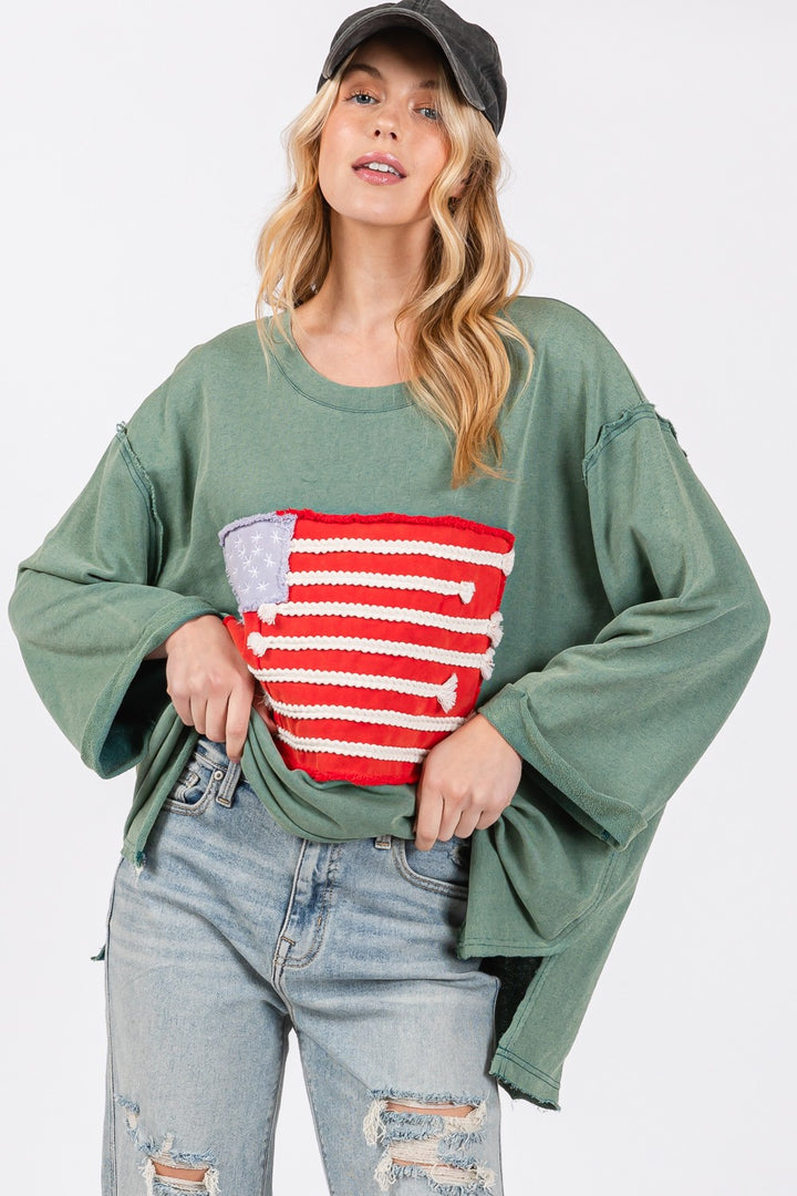 SAGE + FIG American Flag Patch Drop Shoulder Top In Teal