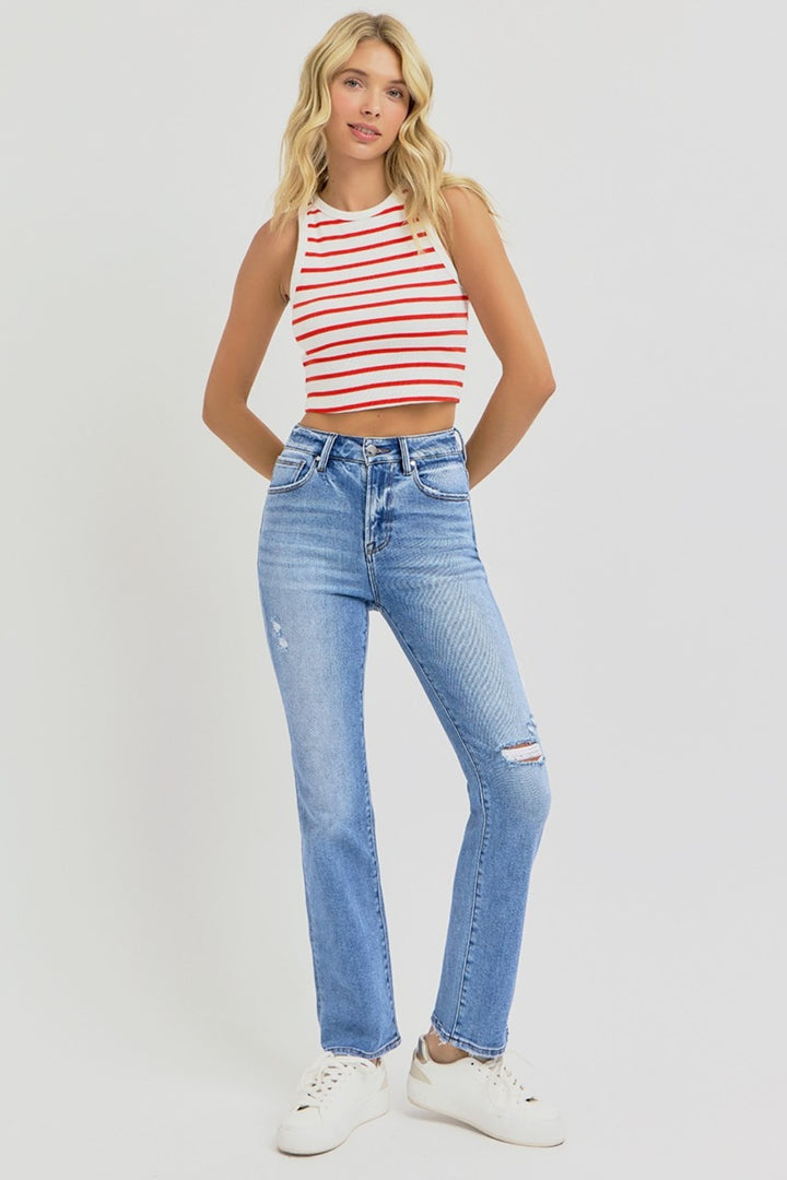 RISEN Candy Distressed High-Rise Ankle Straight Jeans