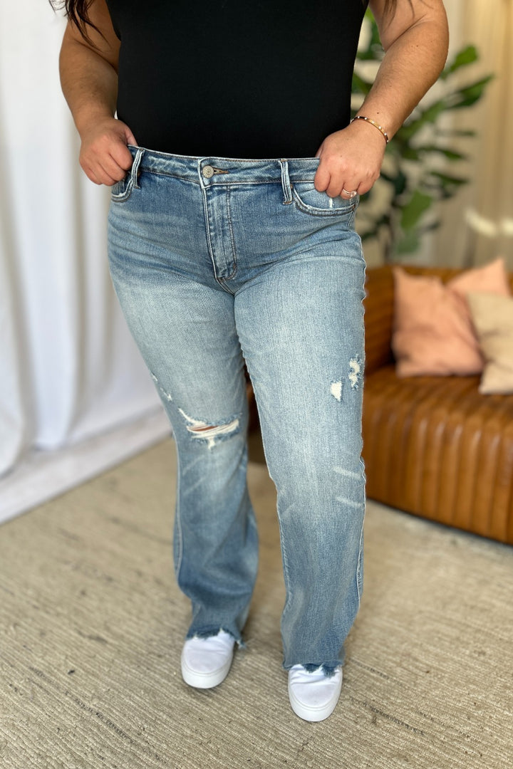 Judy Blue Caroline Mid Rise Tummy Control Distressed Flare Jeans