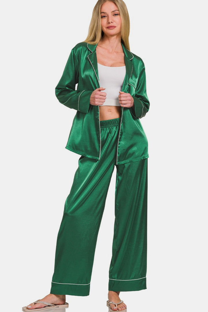 Zenana Satin Shirt and Pants Pajama Set In Hunter Green