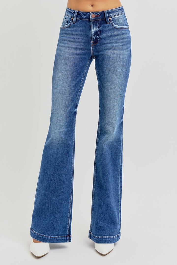 RISEN Low Rise Flare Jeans with Pockets In Dark Wash