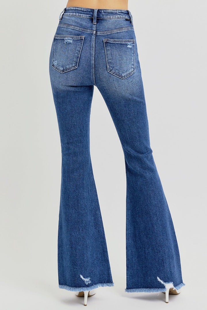 RISEN Mindy High Rise Distressed Raw Hem Flare Jeans