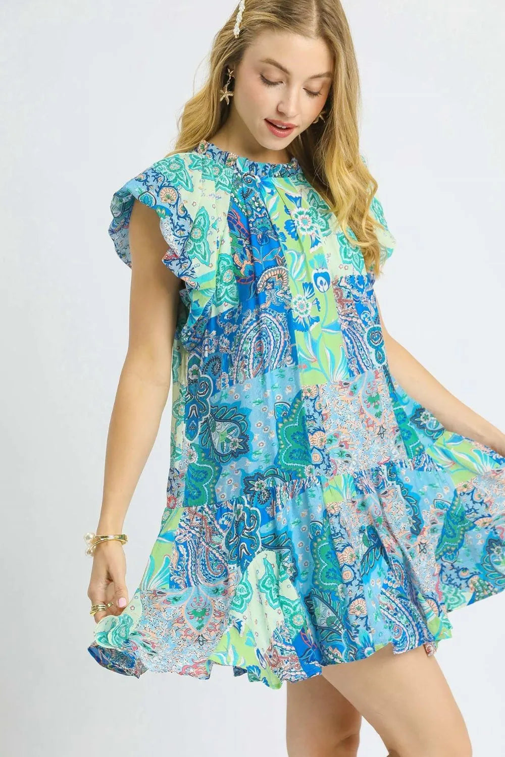 Umgee Printed Ruffle Cap Sleeve Mini Dress In Neon Green – AddiBray
