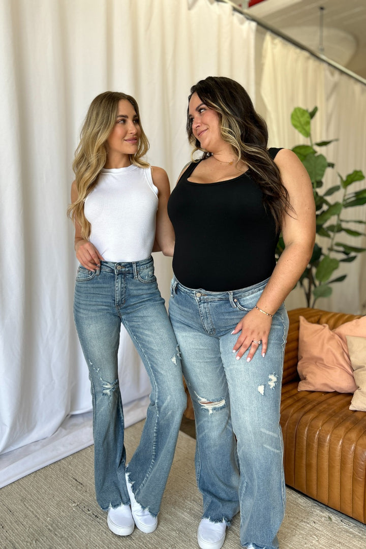 Judy Blue Caroline Mid Rise Tummy Control Distressed Flare Jeans