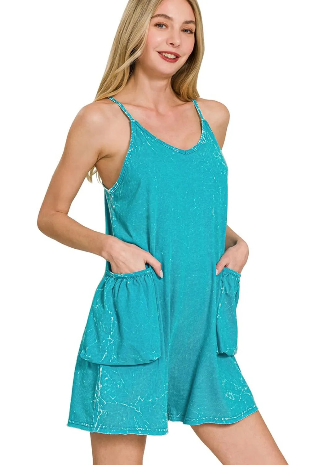 Zenana Washed Linen Knot Strap Rompers main image 0