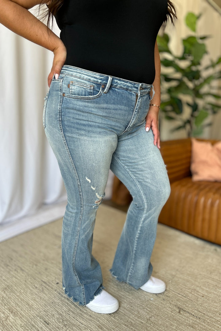 Judy Blue Caroline Mid Rise Tummy Control Distressed Flare Jeans