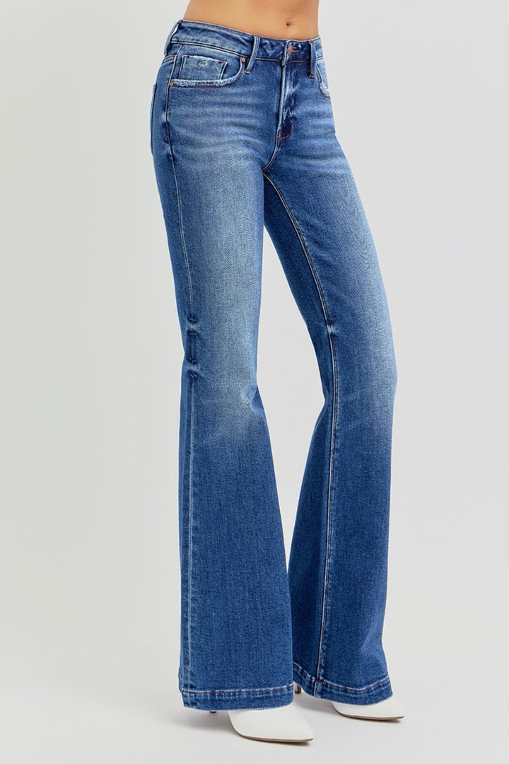 RISEN Low Rise Flare Jeans with Pockets In Dark Wash