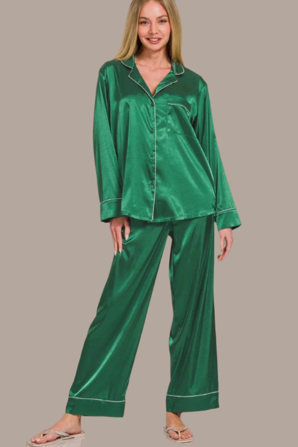 Zenana Satin Shirt and Pants Pajama Set In Hunter Green