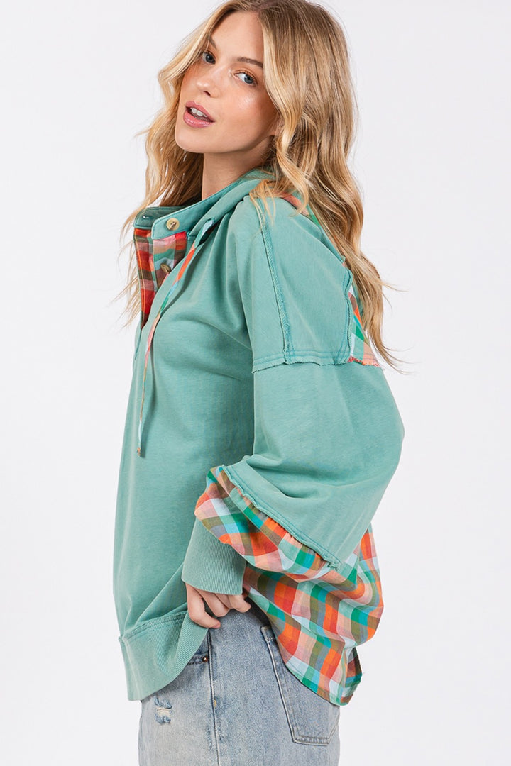 SAGE + FIG Plaid Print Washed Hoodie In Eucalyptus