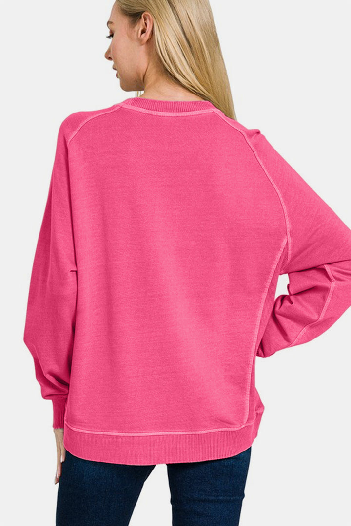 Zenana Pigment Dyed French Terry Sweatshirt In Hot Pink