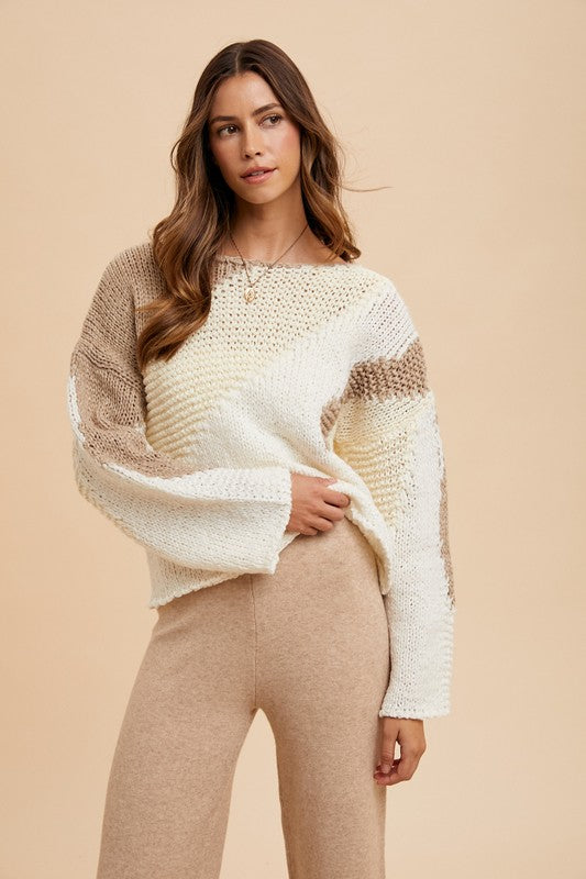 Annie Wear Color Block Sweater In Taupe Combo