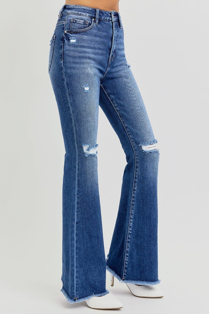 RISEN Mindy High Rise Distressed Raw Hem Flare Jeans