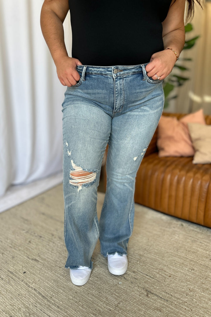Judy Blue Caroline Mid Rise Tummy Control Distressed Flare Jeans