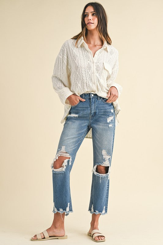 Annie Wear Distressed Raw Hem Cropped Jeans In Denim
