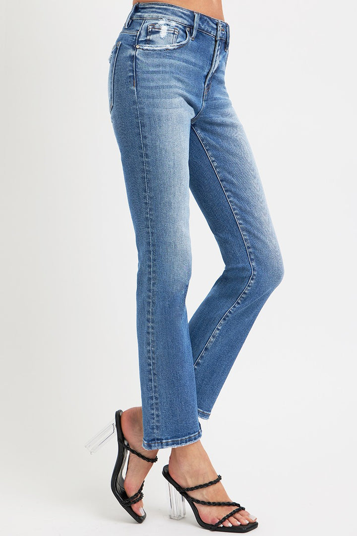 RISEN Mid Rise Ankle Straight Jeans with Pockets In Dark Wash