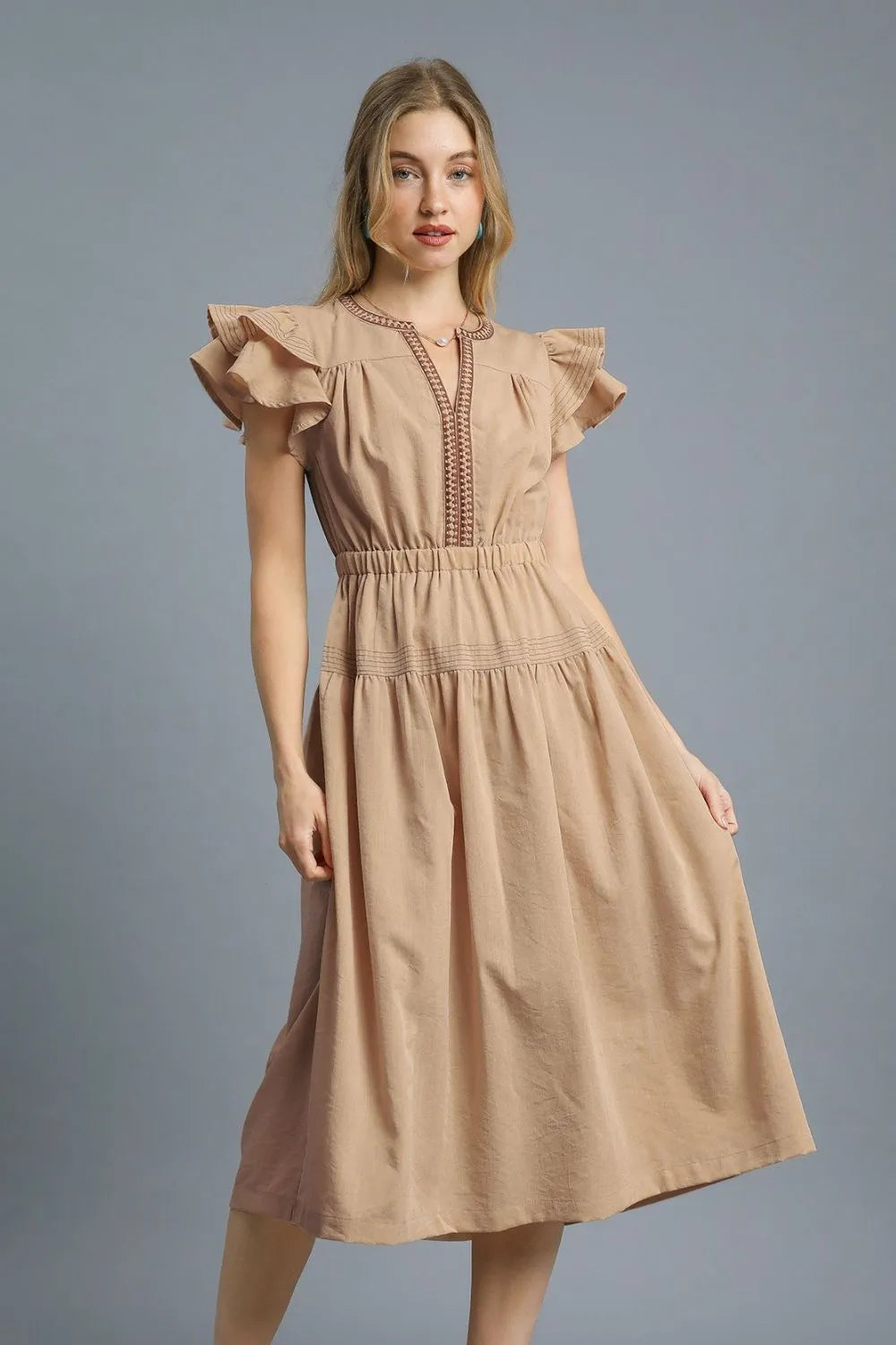Umgee Full Size Ruffle Tiered Cap Sleeve Midi Dress Plus Size