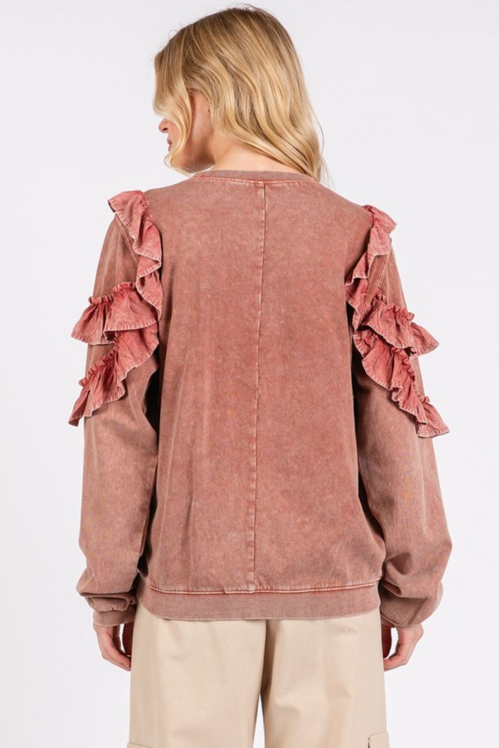 Mittoshop Ruffled Mineral Washed Sweatshirt In Antique Rose