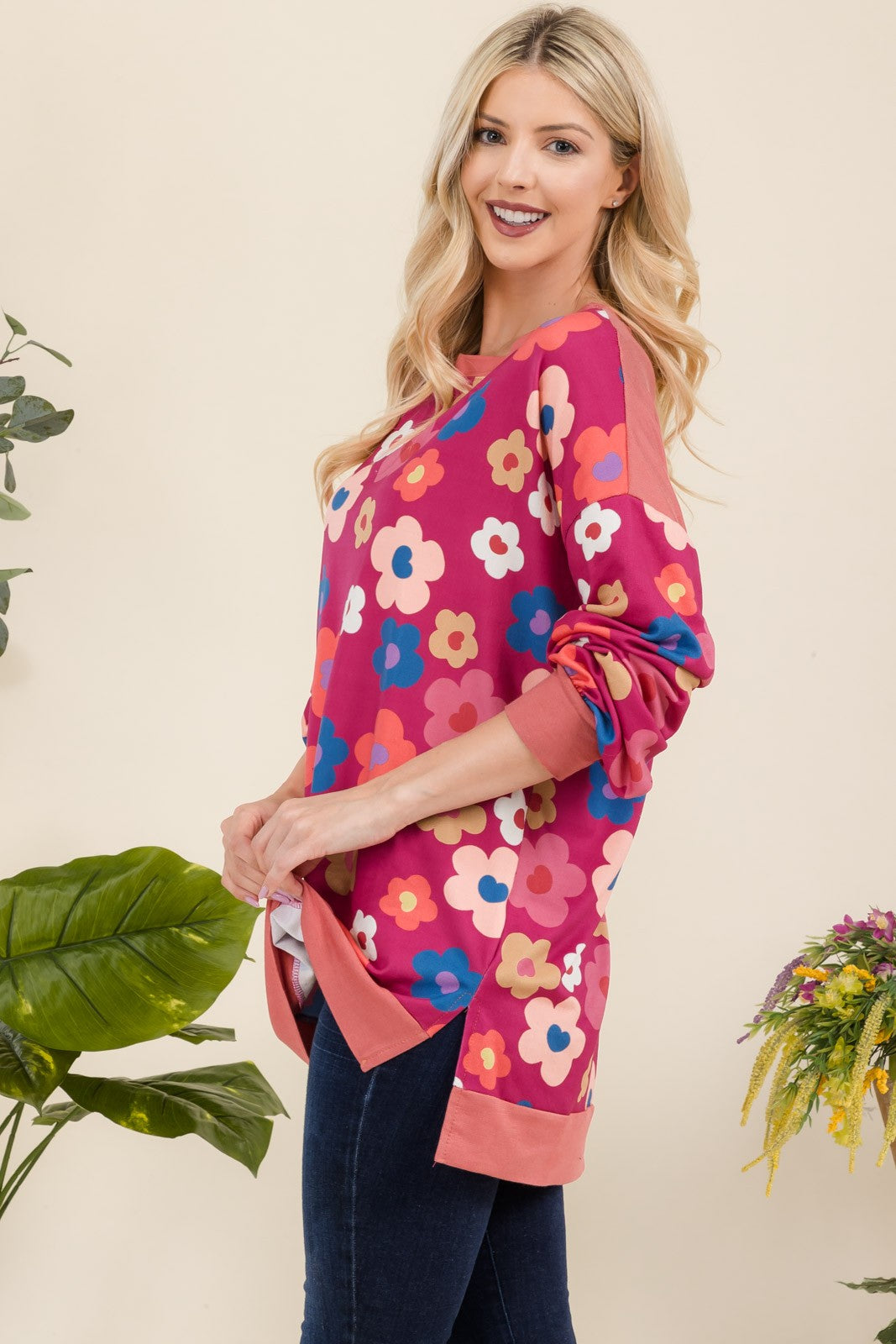 Celeste Side Slit Flower Print Top In Fuchsia