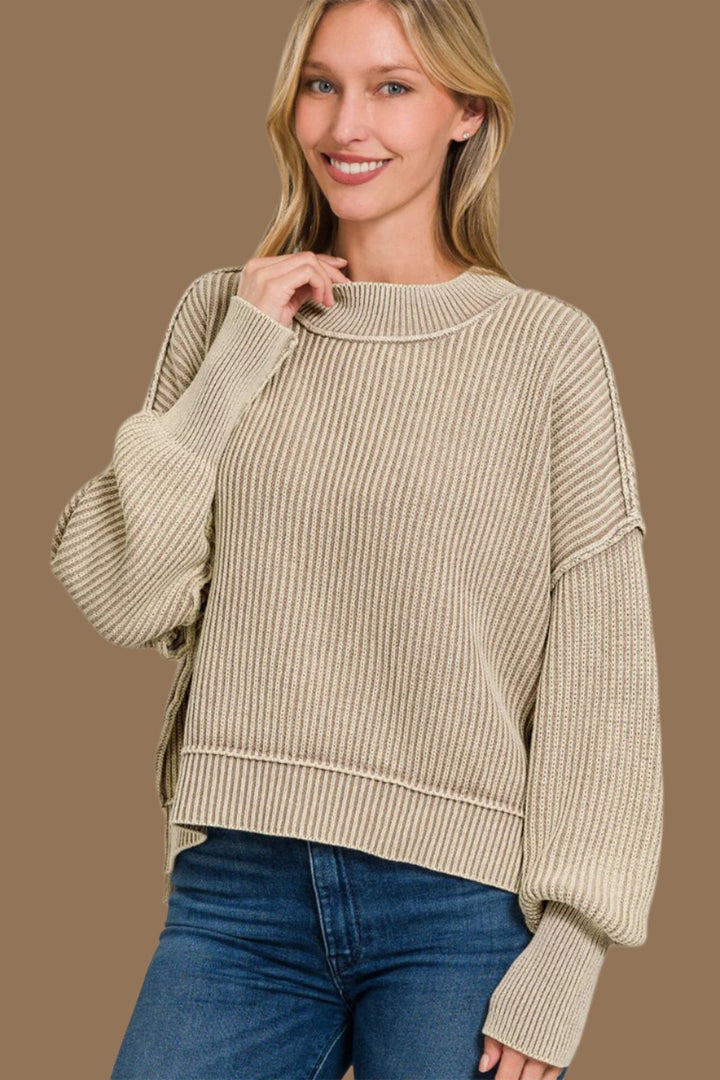 Zenana Exposed Seam Sweater Light Mocha