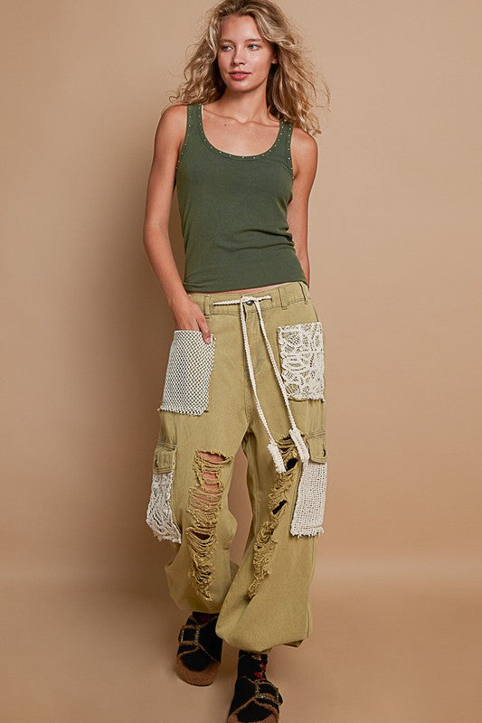 POL Crochet Patch Distressed Washed Jeans In olive