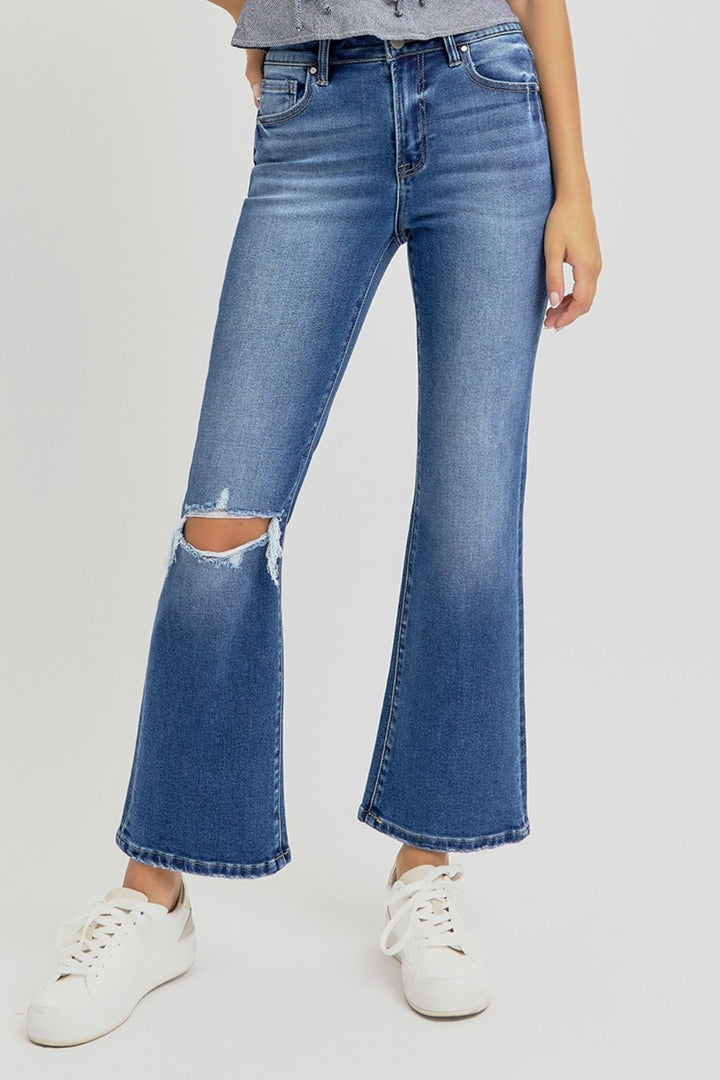 RISEN Distressed High Rise Crop Flare Jeans In Dark Wash