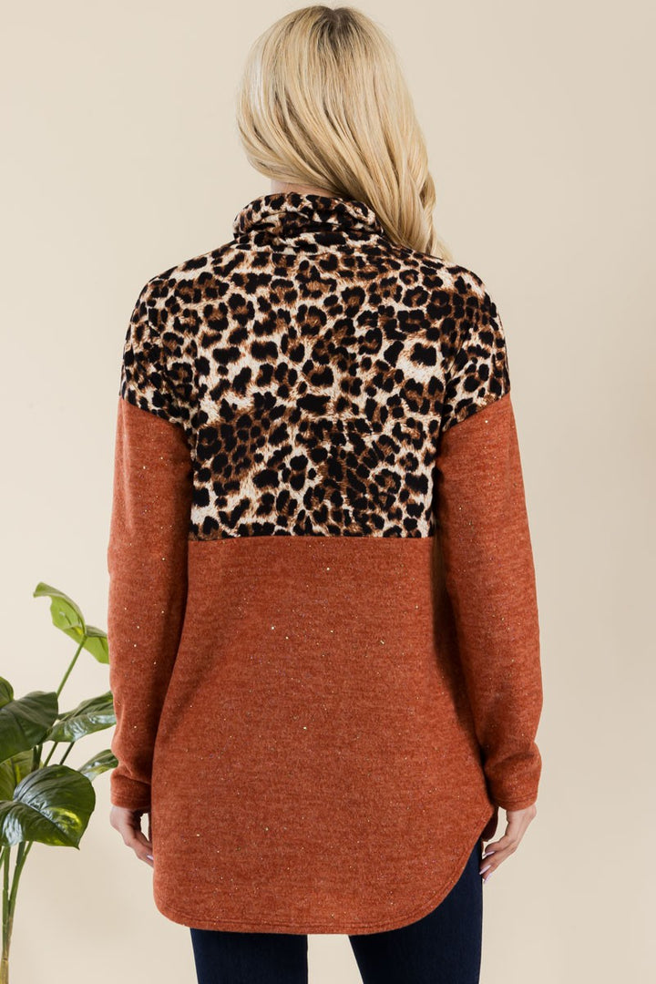 Leopard Turtleneck Blouse In Rust