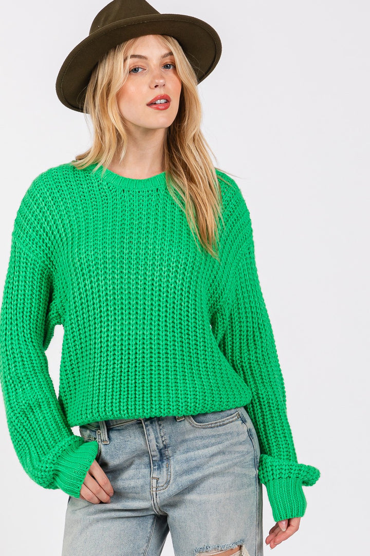 SAGE + FIG Round Neck Drop Shoulder Sweater In Green