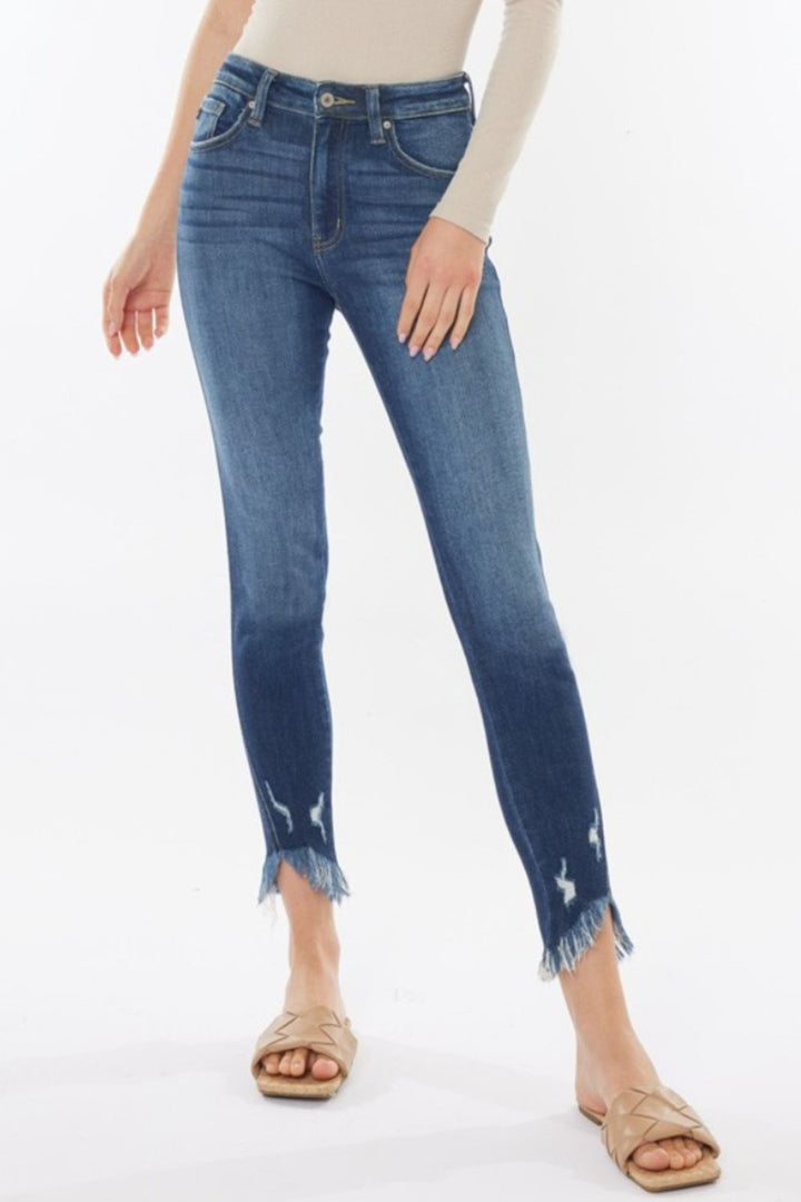 Kancan Raw Hem High Waist Cropped Jeans In Dark Wash