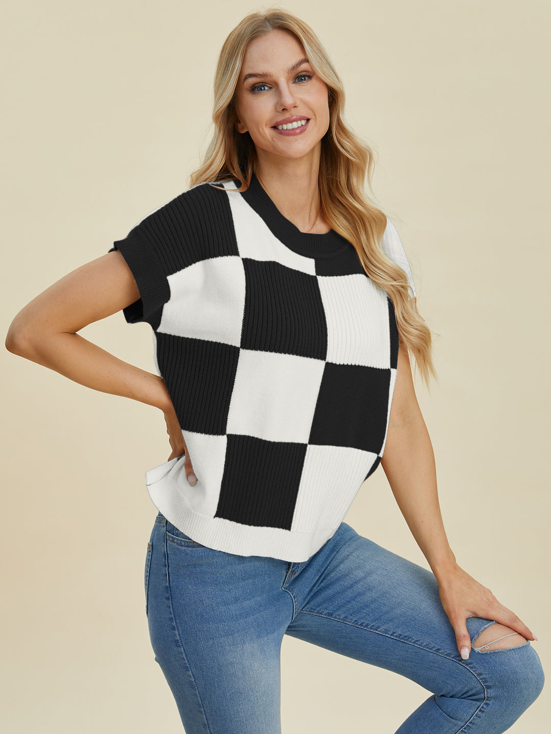 Double Take Checkered Short Sleeve Sweater