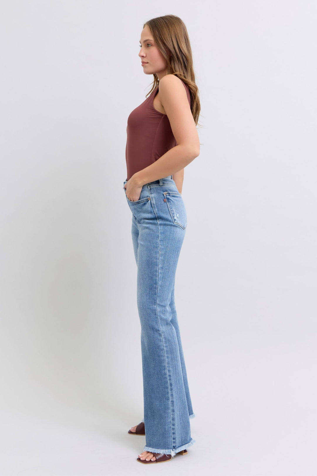 Judy Blue Raw Hem High Rise Bootcut Jeans In Medium Wash