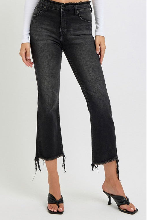 RISEN Raw Hem Cropped Flare Jeans In Black