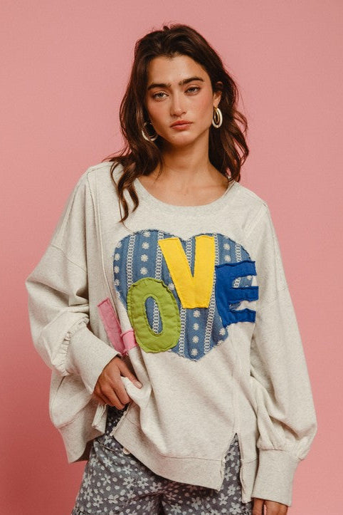 BiBi LOVE Heart Patch Slit French Terry Sweatshirt In Light Gray