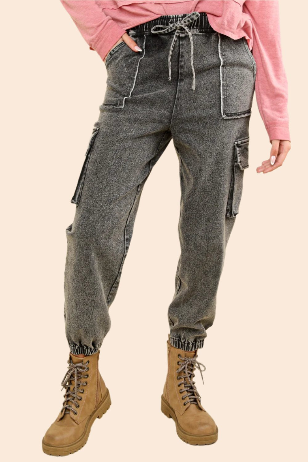 VERY J Washed Drawstring Jogger Cargo Jeans In Black Denim