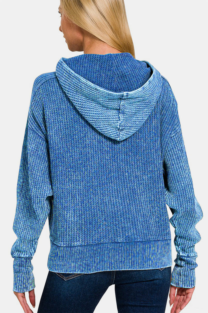 Zenana Washed Zip Up Hooded Jacket In Ocean Blue