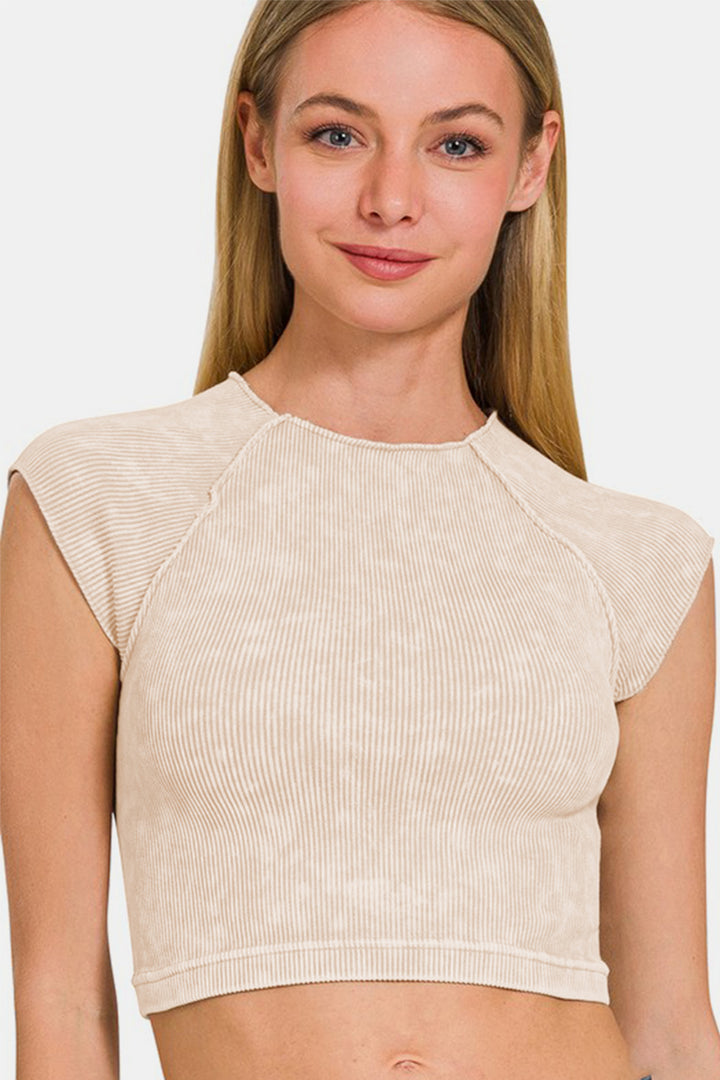 Zenana Ribbed Cropped Top In Sand Beige