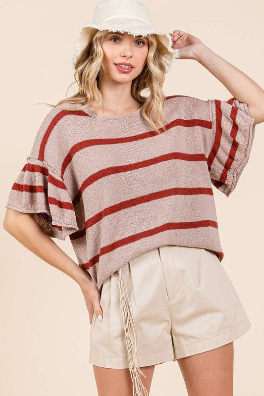 Mittoshop Striped Flounce Sleeve Knit Top In Mocha