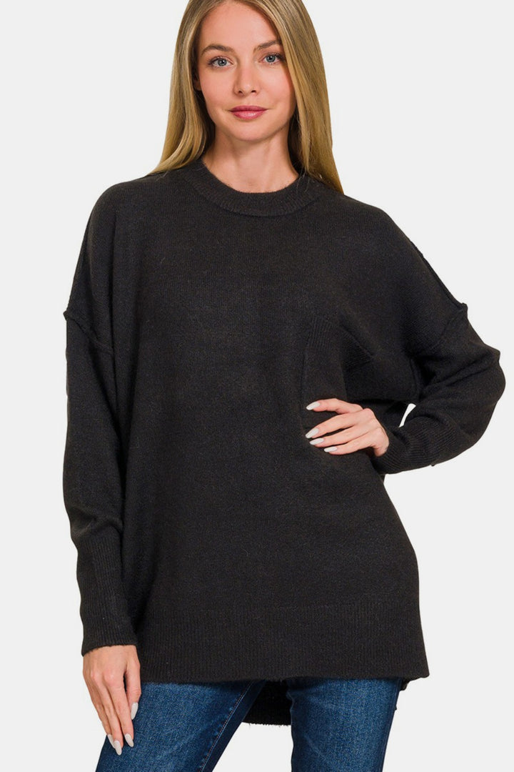 Zenana High-Low Hem Sweater In Black