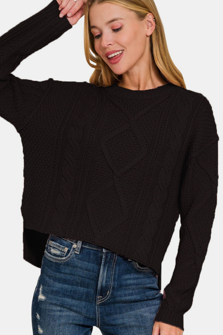 Zenana Cropped High Low Cable Sweater with Side Slits In Black