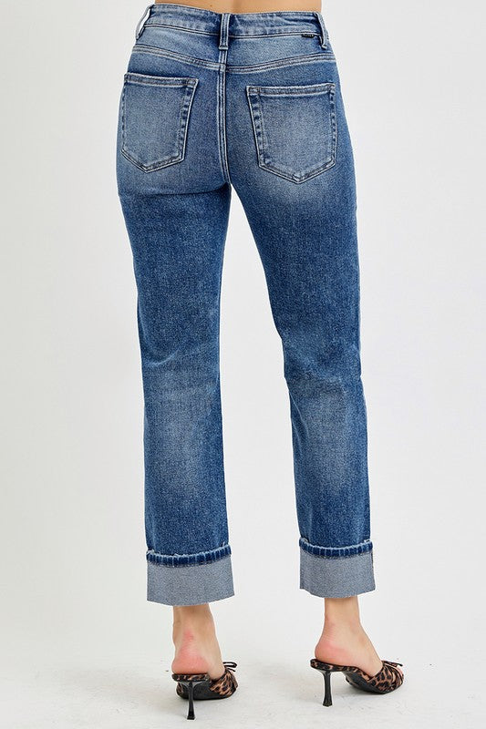 RISEN High Rise Crop Straight Roll Up Jeans In Dark Wash