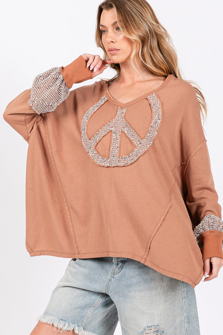 SAGE + FIG Peace Sign Mineral Wash Terry Top In Camel