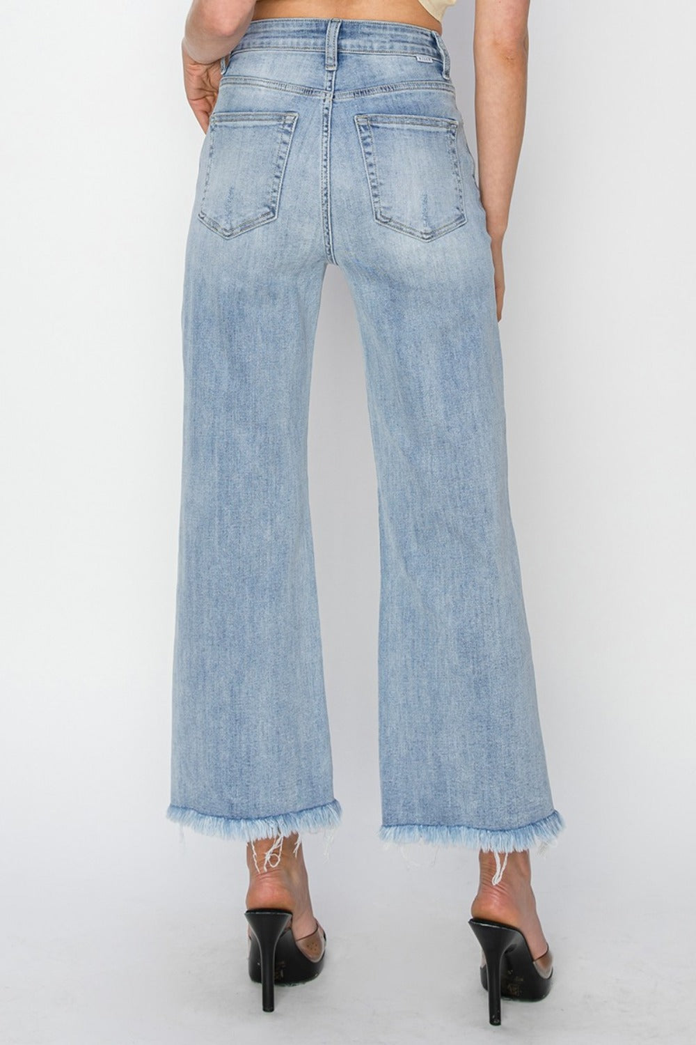 RISEN High Rise Crop Wide Fray Hem Jeans In Light Wash