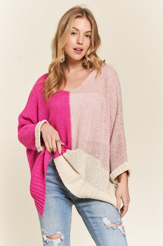 ADORA Side Slit Color Block Sweater In Hot Pink