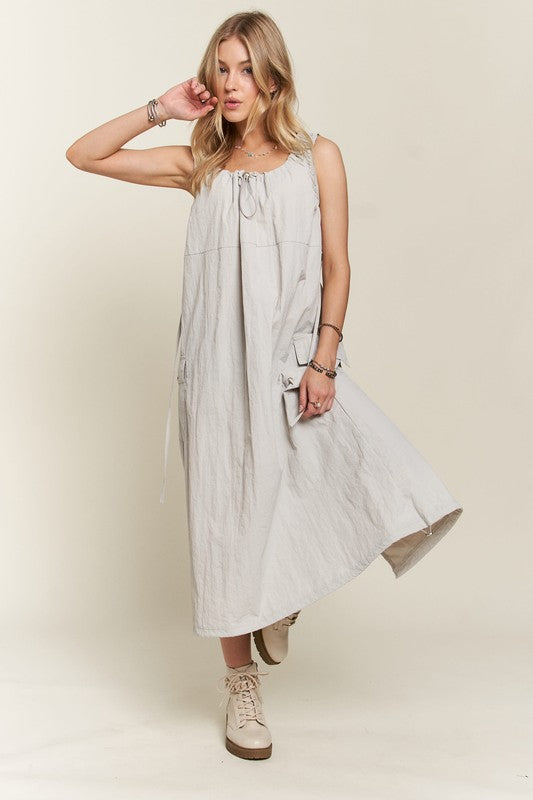 ADORA Drawstring Slit Back Cargo Dress In Lt Grey