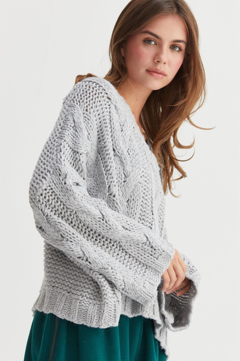 HYFVE Cable Knit V-Neck Sweater In Gray