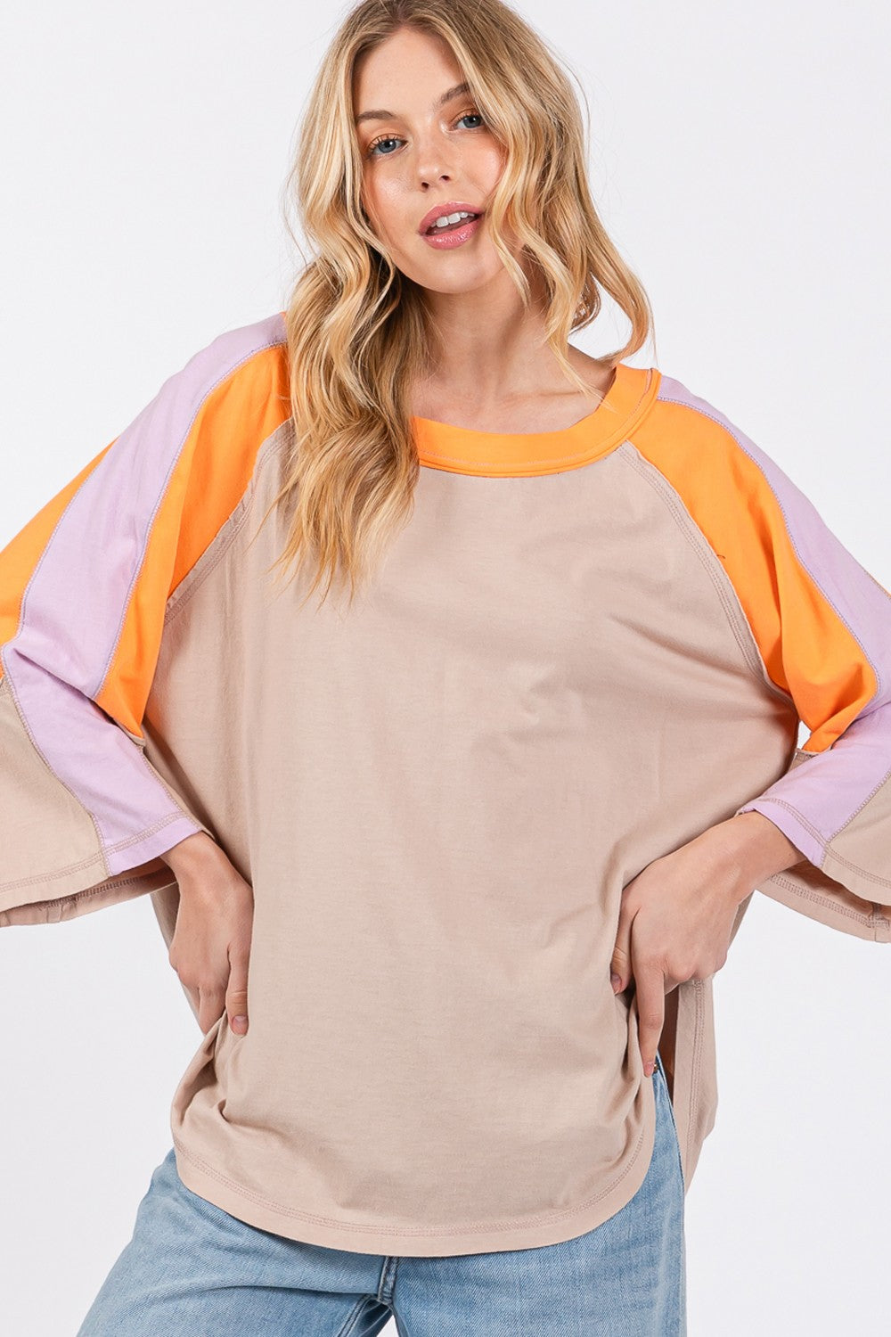 SAGE + FIG Color Block Curved Hem Top In Latte