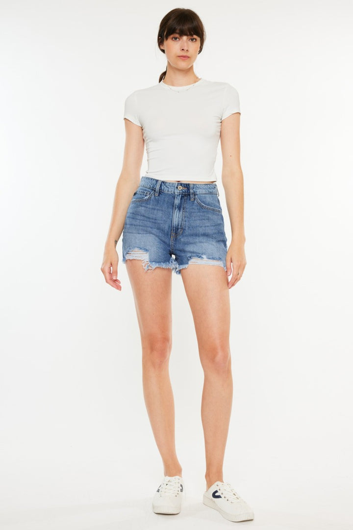 Kancan Harper Distressed Raw Hem High Waist Denim Shorts