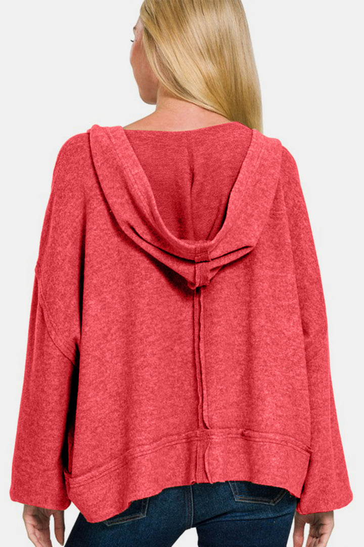 Zenana Brushed Hacci Exposed Seam Hoodie In Red