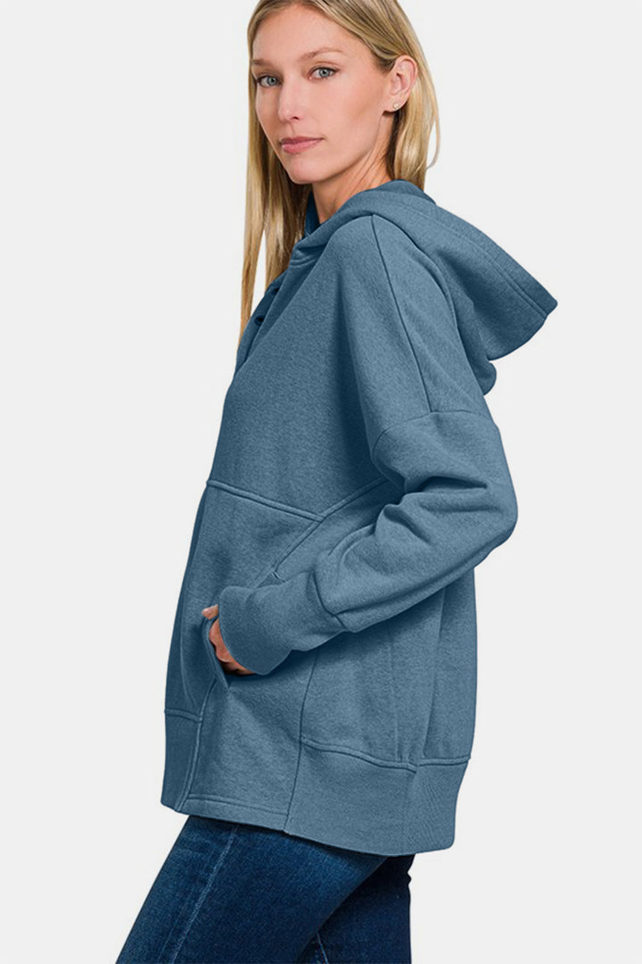 Zenana Half Snap Hoodie with Kangaroo Pocket In Dusty Blue